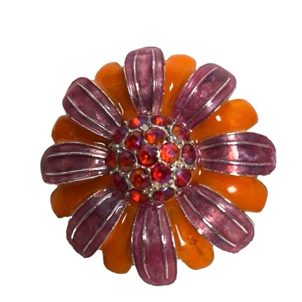 Groovy Flower Brooch Orange and Pink Enamelled with Pink Rhinestones 70’s Style